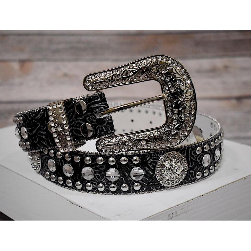 Rhinestone Crystal Western Bling Leather Belt Country Cowgirl Women 32-38 Large